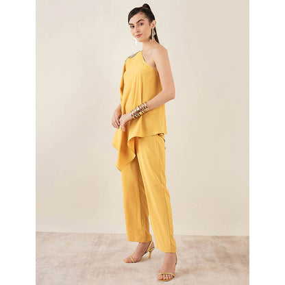 First Resort by Ramola Bachchan Mustard One-Shoulder Embroidered Top with Pant (Set of 2)