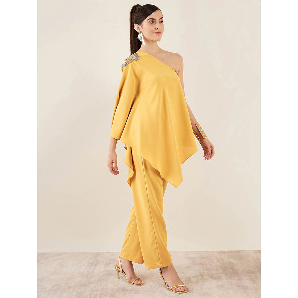 First Resort by Ramola Bachchan Mustard One-Shoulder Embroidered Top with Pant (Set of 2)