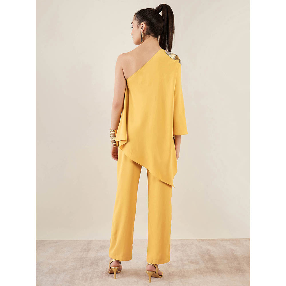 First Resort by Ramola Bachchan Mustard One-Shoulder Embroidered Top with Pant (Set of 2)