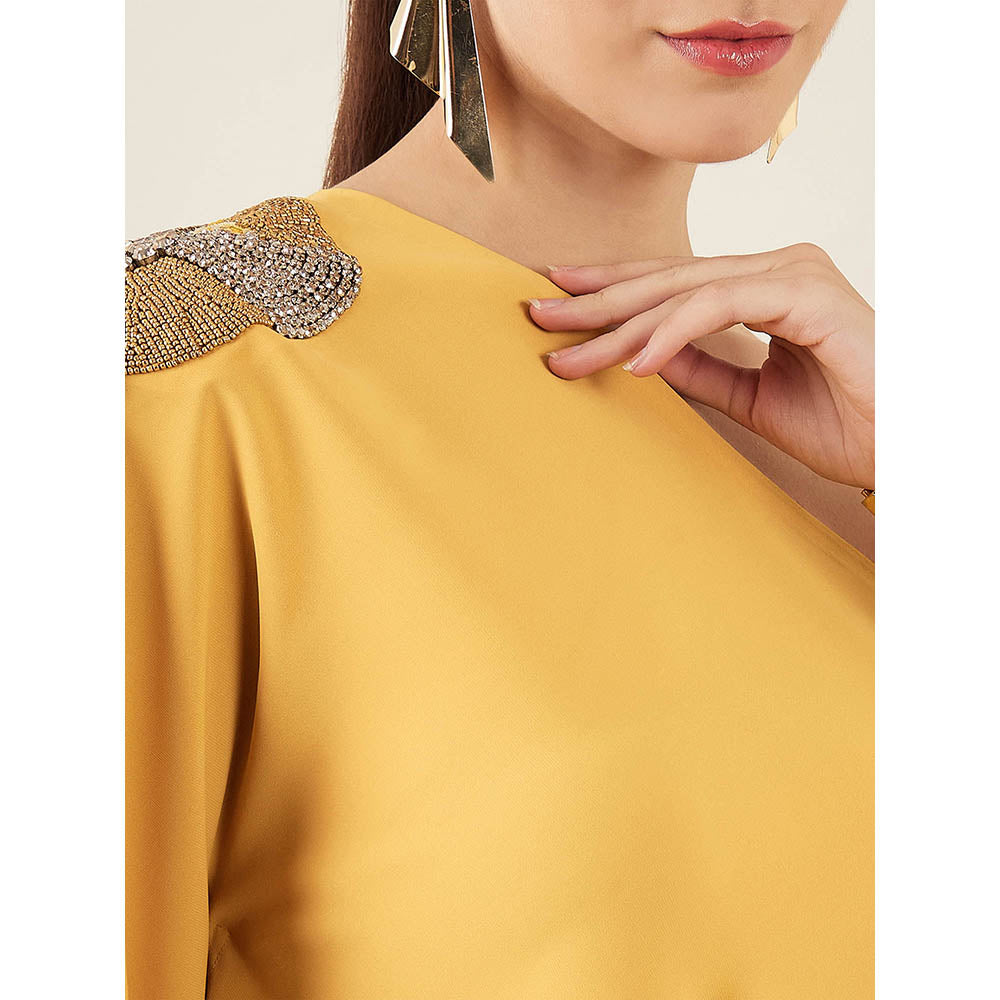 First Resort by Ramola Bachchan Mustard One-Shoulder Embroidered Top with Pant (Set of 2)
