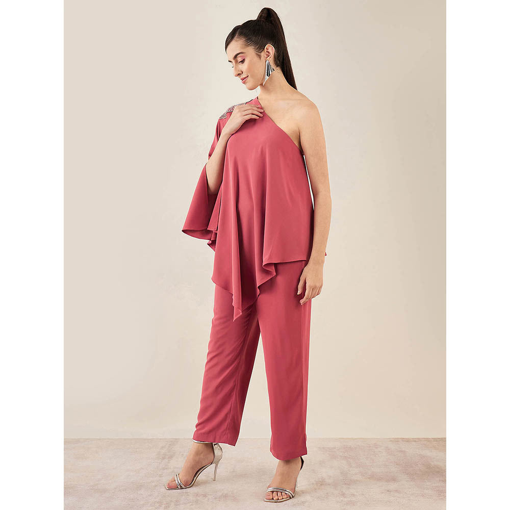 First Resort by Ramola Bachchan Red One-Shoulder Embroidered Top with Straight Pant (Set of 2)