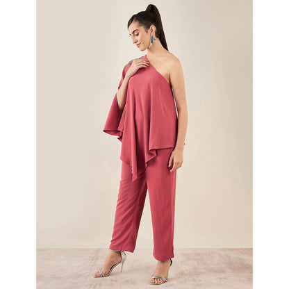 First Resort by Ramola Bachchan Red One-Shoulder Embroidered Top with Straight Pant (Set of 2)