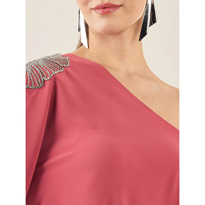 First Resort by Ramola Bachchan Red One-Shoulder Embroidered Top with Straight Pant (Set of 2)