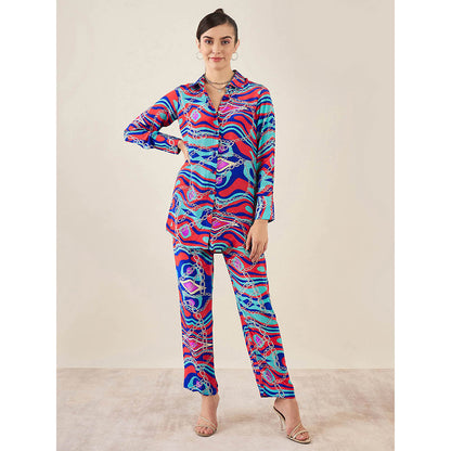 First Resort by Ramola Bachchan Blue and Red Marine Wave Print Shirt and Pant (Set of 2)