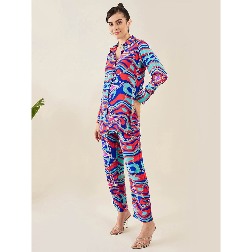 First Resort by Ramola Bachchan Blue and Red Marine Wave Print Shirt and Pant (Set of 2)
