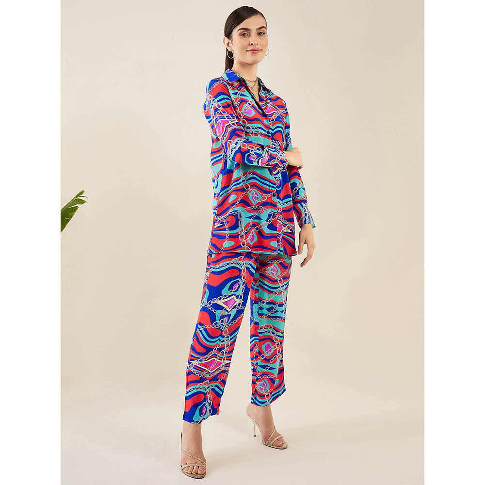 First Resort by Ramola Bachchan Blue and Red Marine Wave Print Shirt and Pant (Set of 2)