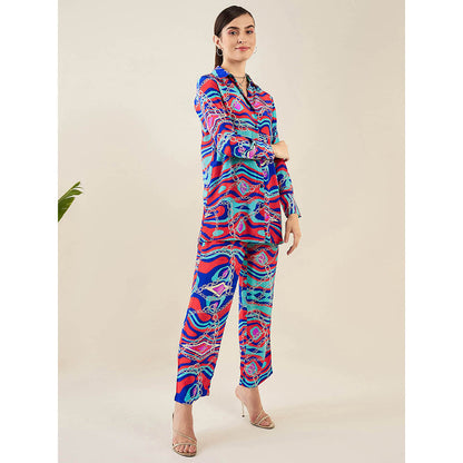 First Resort by Ramola Bachchan Blue and Red Marine Wave Print Shirt and Pant (Set of 2)