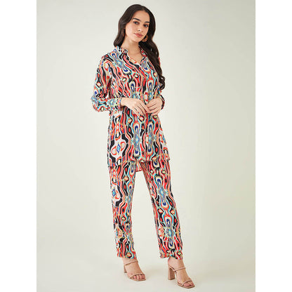First Resort by Ramola Bachchan Black and Red Marine Wave Print Shirt and Pant (Set of 2)