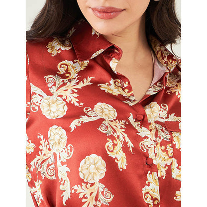 First Resort by Ramola Bachchan Red Baroque Print Shirt with Belt and Pant (Set of 3)
