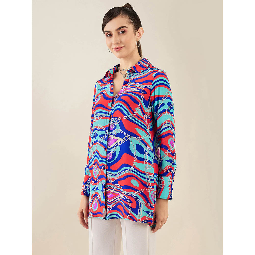 First Resort by Ramola Bachchan Blue and Red Marine Wave Print Shirt