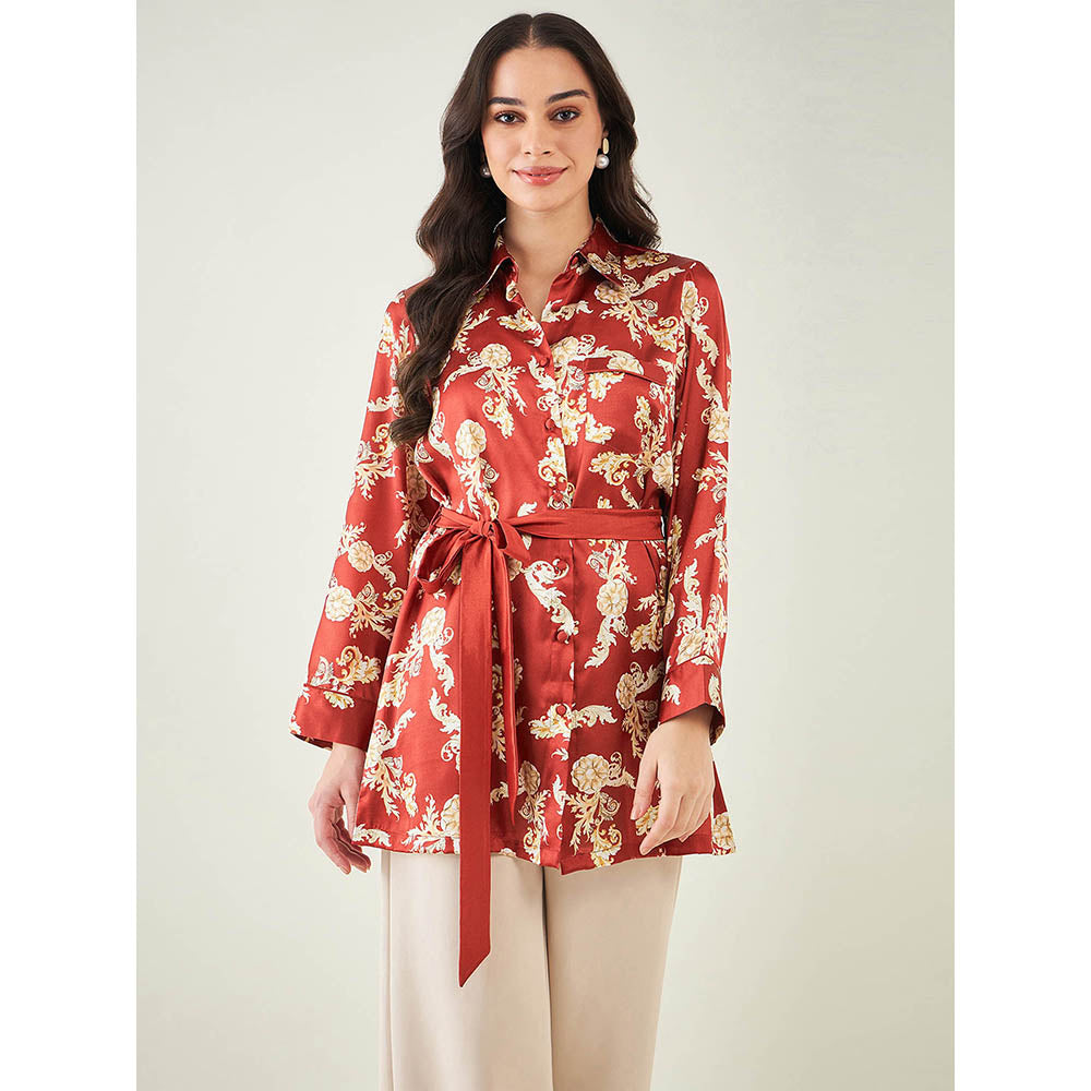 First Resort by Ramola Bachchan Red Baroque Print Shirt with Belt (Set of 2)