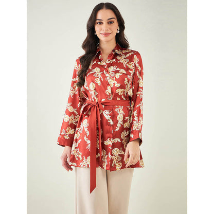 First Resort by Ramola Bachchan Red Baroque Print Shirt with Belt (Set of 2)