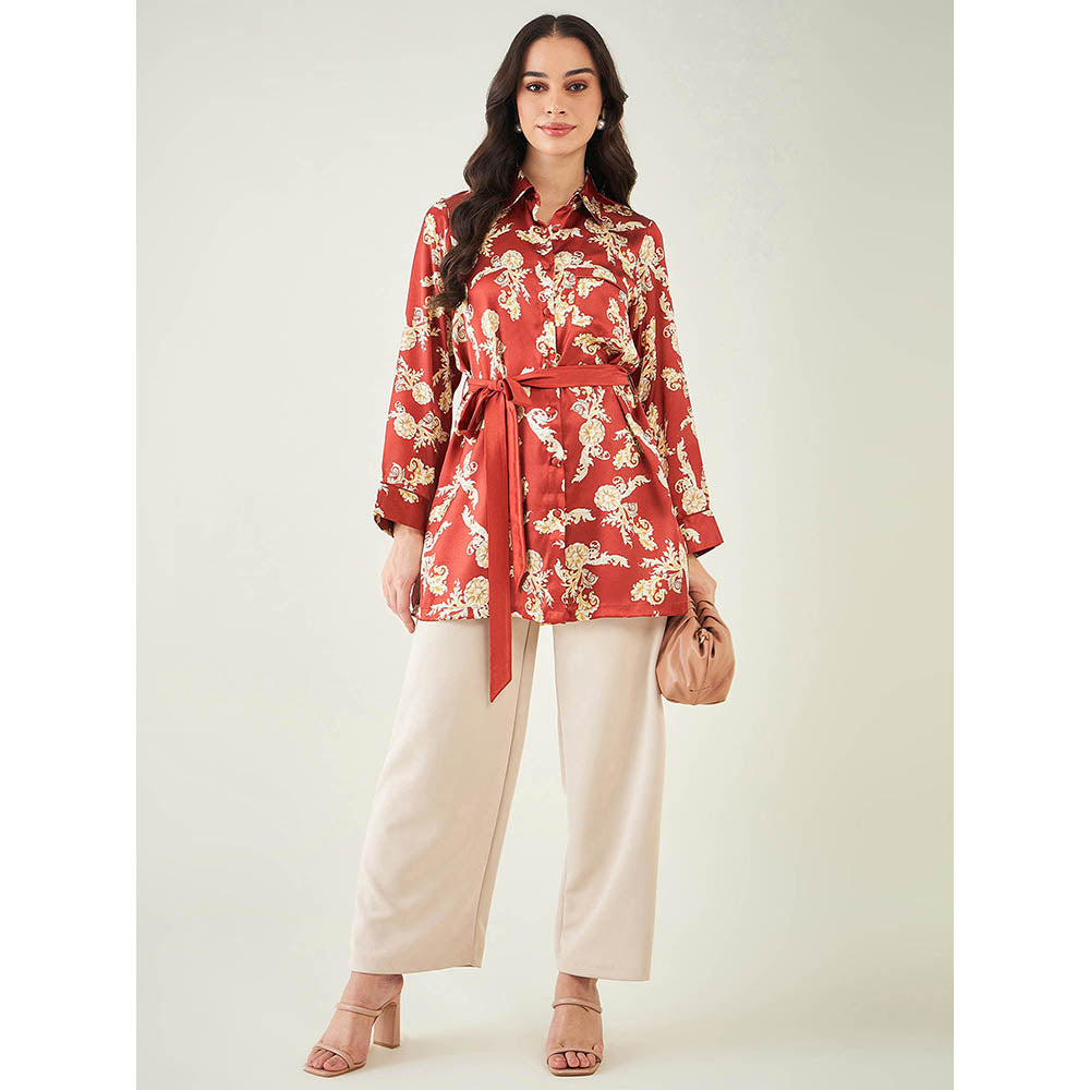 First Resort by Ramola Bachchan Red Baroque Print Shirt with Belt (Set of 2)