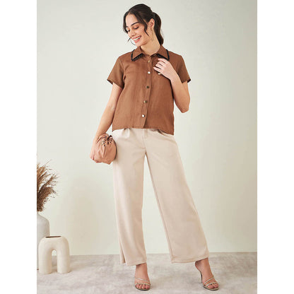 First Resort by Ramola Bachchan Brown Linen Shirt with Lace Detail