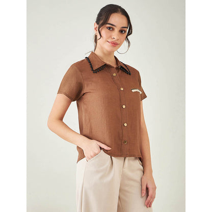 First Resort by Ramola Bachchan Brown Linen Shirt with Lace Detail