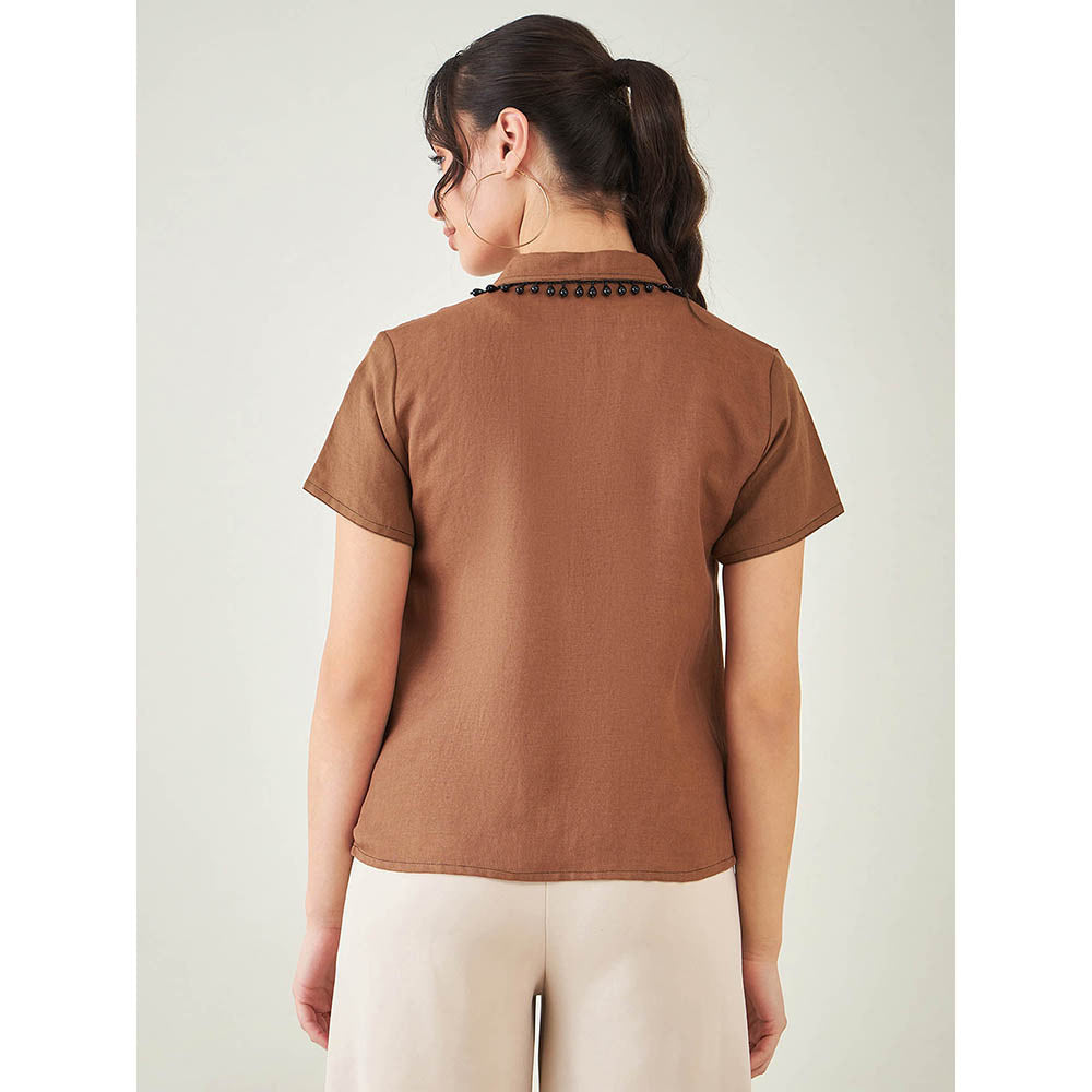 First Resort by Ramola Bachchan Brown Linen Shirt with Lace Detail