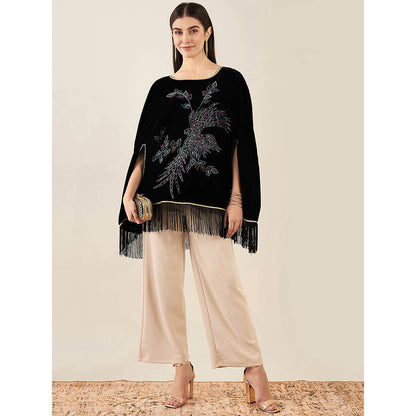 First Resort by Ramola Bachchan Black Embroidered Velvet Poncho