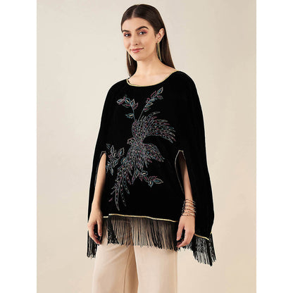 First Resort by Ramola Bachchan Black Embroidered Velvet Poncho
