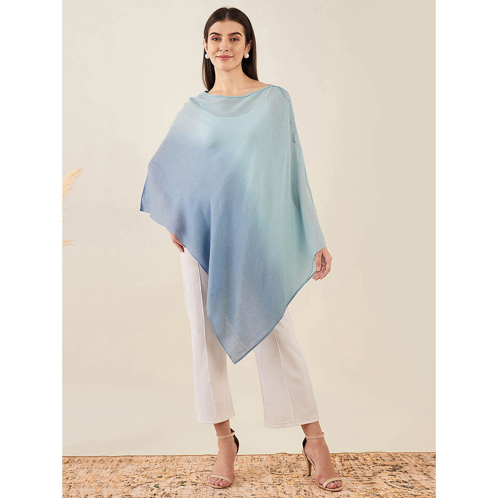 First Resort by Ramola Bachchan Blue Ombre Embellished Cashmere Poncho