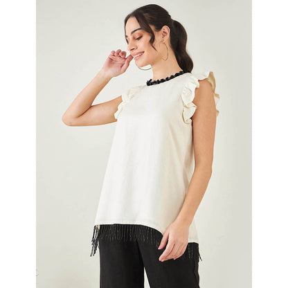 First Resort by Ramola Bachchan Off White Linen Top with Bead Lace
