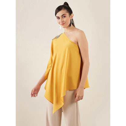 First Resort by Ramola Bachchan Mustard One-Shoulder Crystal Embroidered Top