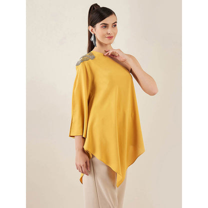 First Resort by Ramola Bachchan Mustard One-Shoulder Crystal Embroidered Top