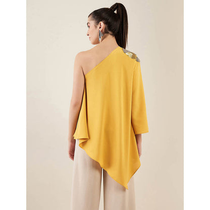 First Resort by Ramola Bachchan Mustard One-Shoulder Crystal Embroidered Top