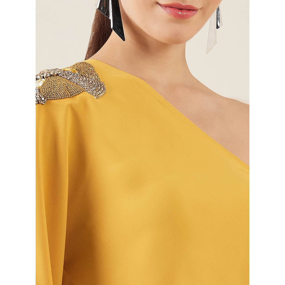 First Resort by Ramola Bachchan Mustard One-Shoulder Crystal Embroidered Top