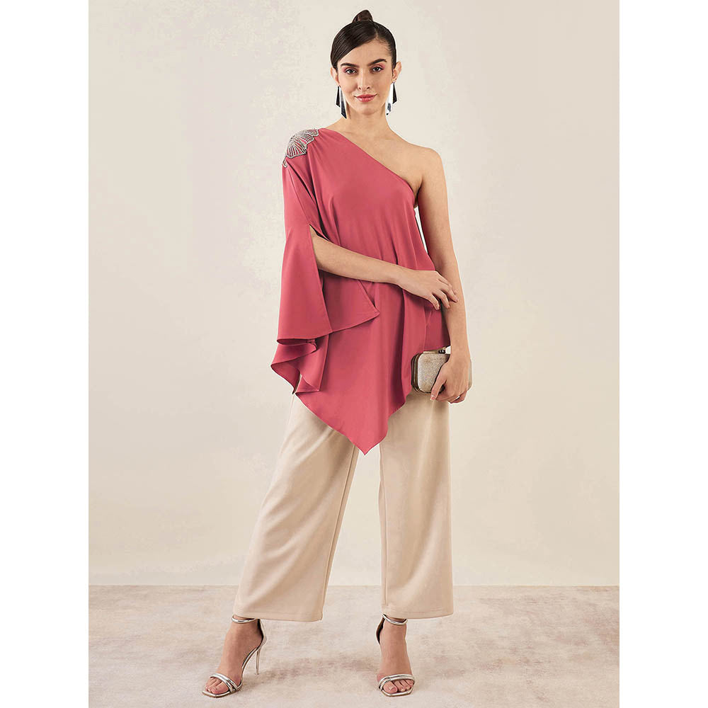 First Resort by Ramola Bachchan Rouge Red One-Shoulder Crystal Embroidered Top