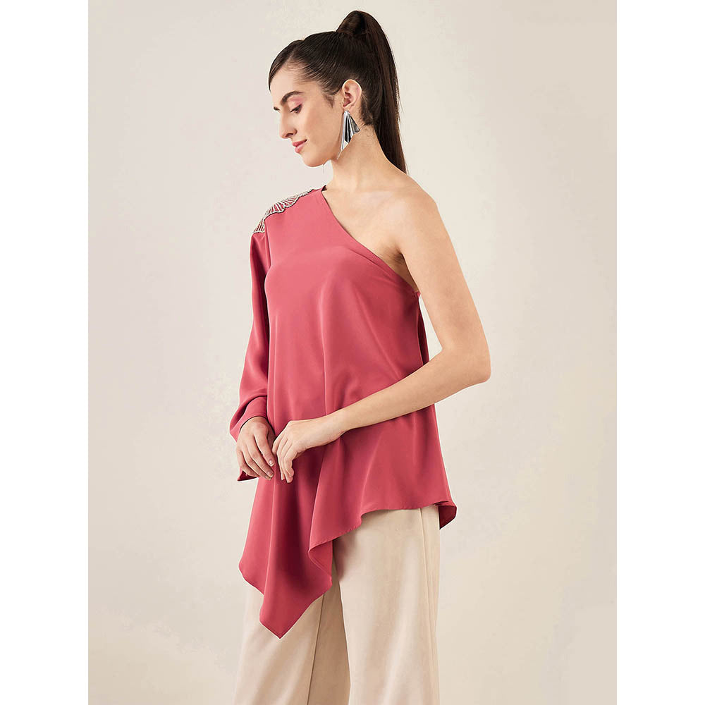 First Resort by Ramola Bachchan Rouge Red One-Shoulder Crystal Embroidered Top