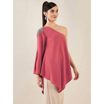 First Resort by Ramola Bachchan Rouge Red One-Shoulder Crystal Embroidered Top