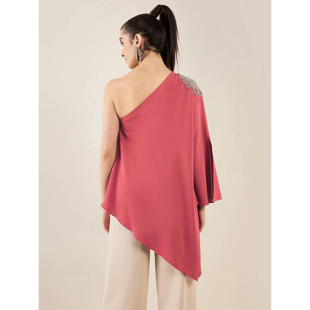 First Resort by Ramola Bachchan Rouge Red One-Shoulder Crystal Embroidered Top