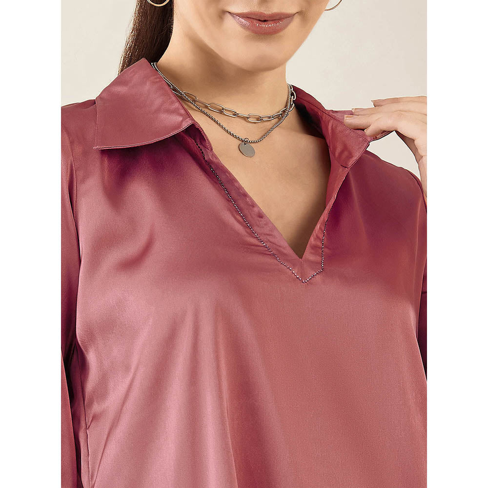 First Resort by Ramola Bachchan Old Rose Gathered Sleeves Embellished Satin Tunic