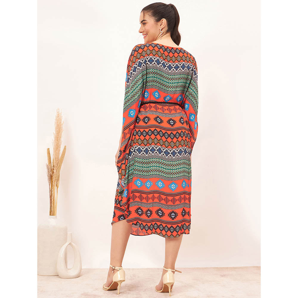 First Resort by Ramola Bachchan Multi Color Aztec Poncho Midi Dress with Belt (Set of 2)