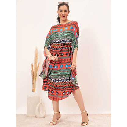 First Resort by Ramola Bachchan Multi Color Aztec Poncho Midi Dress with Belt (Set of 2)
