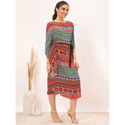 First Resort by Ramola Bachchan Multi Color Aztec Poncho Midi Dress with Belt (Set of 2)