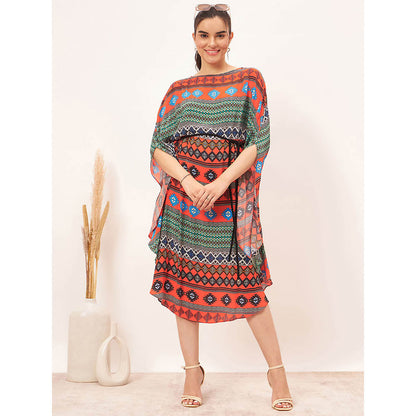 First Resort by Ramola Bachchan Multi Color Aztec Poncho Midi Dress with Belt (Set of 2)