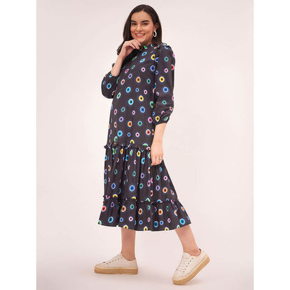 First Resort by Ramola Bachchan Black Evil Eye Frill Midi Length Dress