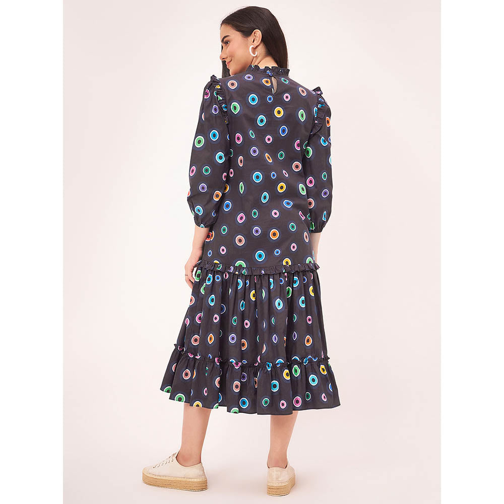 First Resort by Ramola Bachchan Black Evil Eye Frill Midi Length Dress