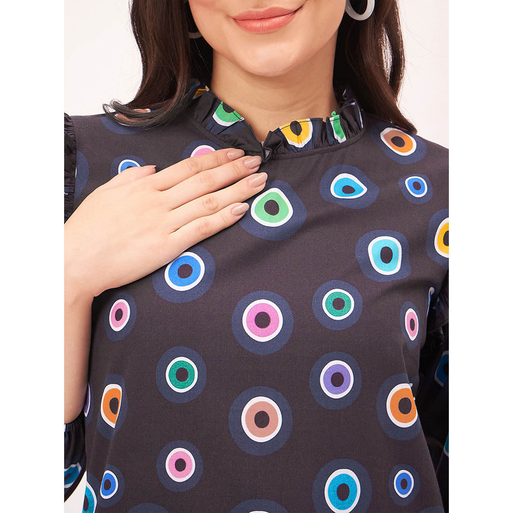 First Resort by Ramola Bachchan Black Evil Eye Frill Midi Length Dress