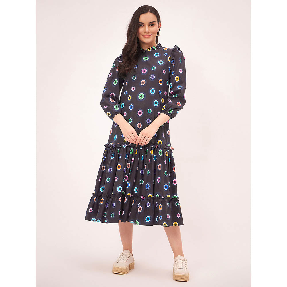 First Resort by Ramola Bachchan Black Evil Eye Frill Midi Length Dress