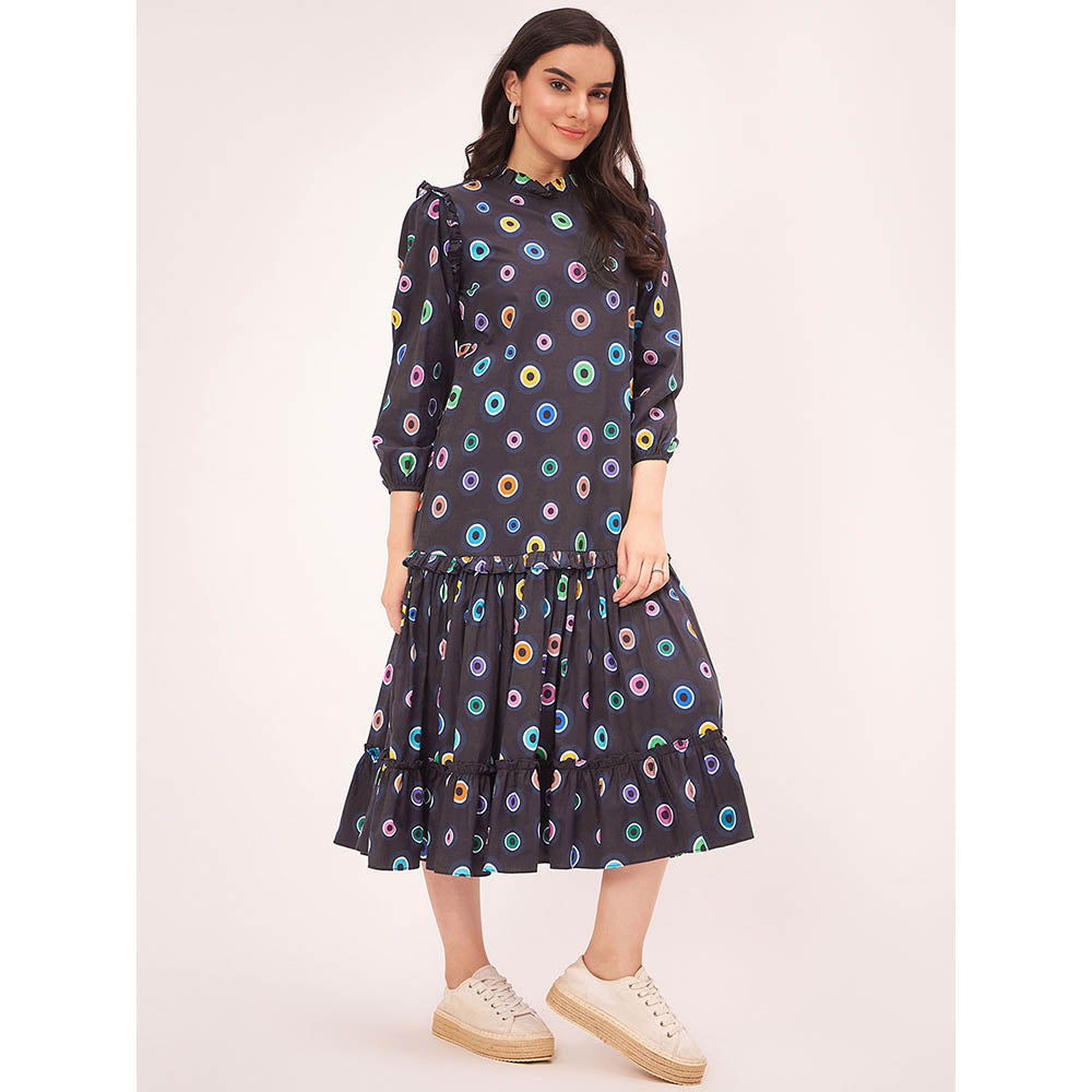 First Resort by Ramola Bachchan Black Evil Eye Frill Midi Length Dress