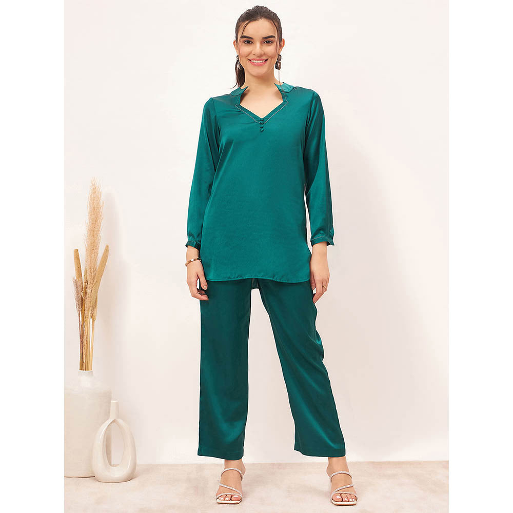 First Resort by Ramola Bachchan Teal Embellished Satin Co-Ord (Set of 2)