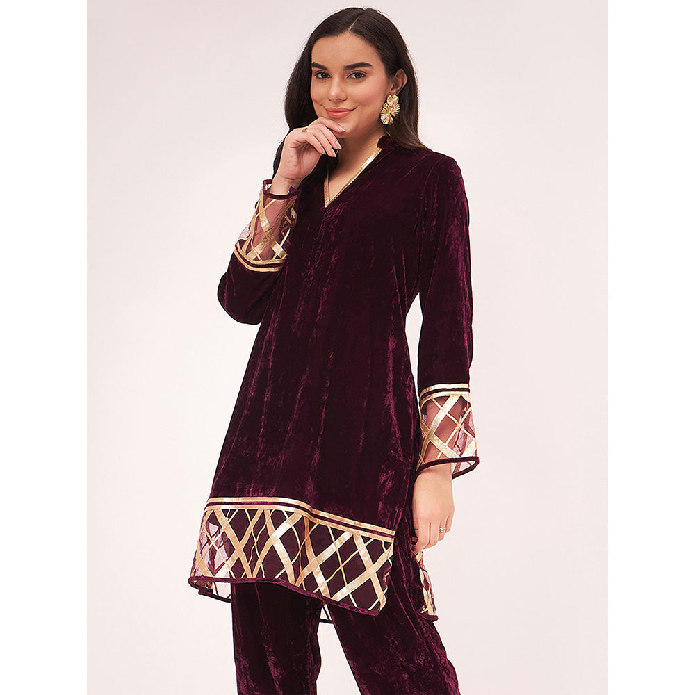 First Resort by Ramola Bachchan Maroon Silk Velvet Kurta with Gota Lace Detail