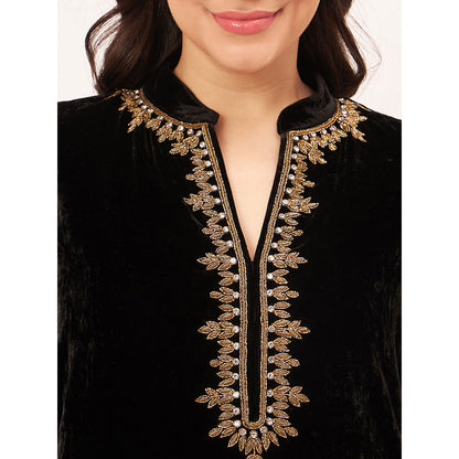 First Resort by Ramola Bachchan Black Hand Embroidered Silk Velvet Kurta