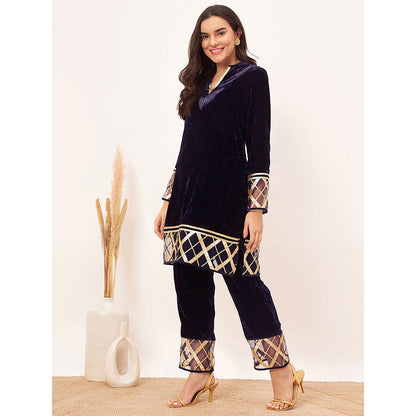 First Resort by Ramola Bachchan Blue Silk Velvet with Gota Lace Kurta Co-Ord