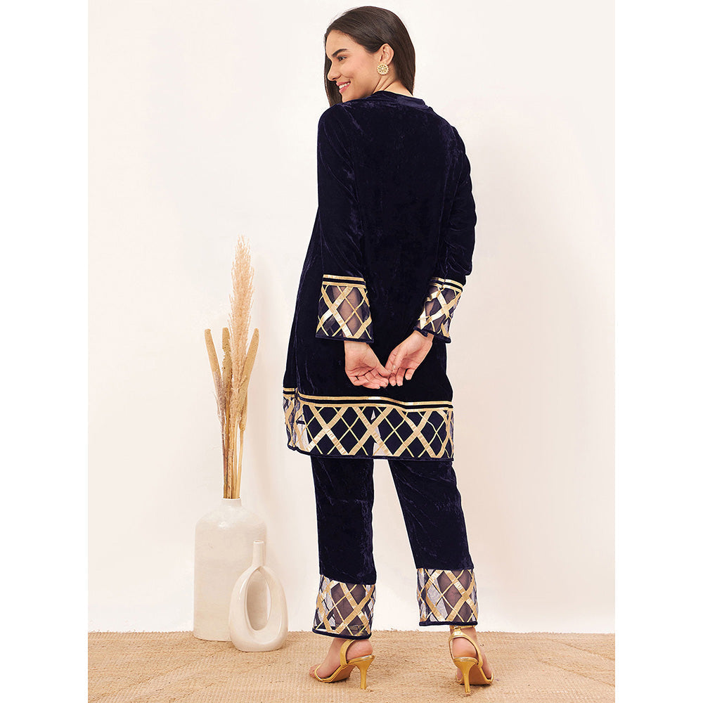 First Resort by Ramola Bachchan Blue Silk Velvet with Gota Lace Kurta Co-Ord