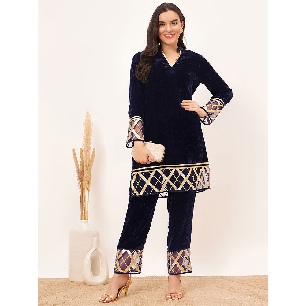 First Resort by Ramola Bachchan Blue Silk Velvet with Gota Lace Kurta Co-Ord