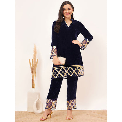 First Resort by Ramola Bachchan Blue Silk Velvet with Gota Lace Kurta Co-Ord