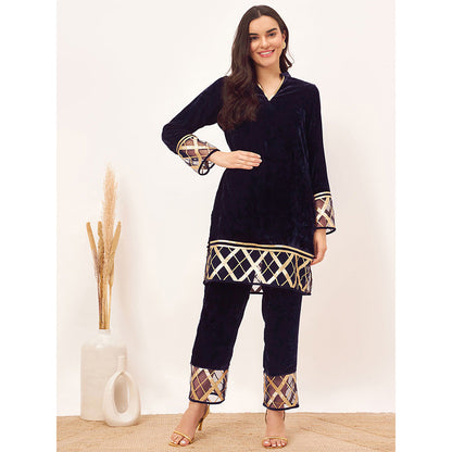 First Resort by Ramola Bachchan Blue Silk Velvet with Gota Lace Kurta Co-Ord